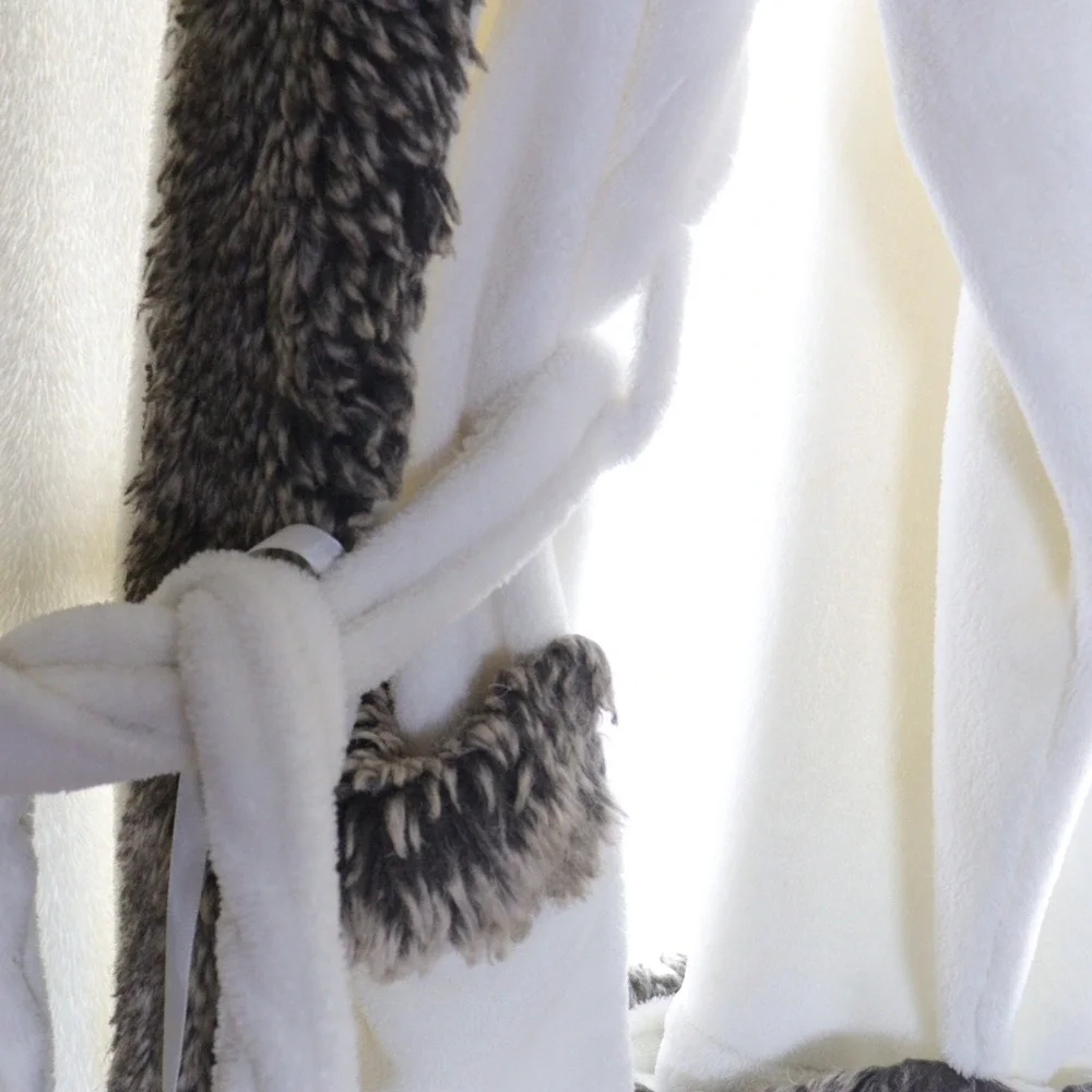 Pottery Barn Ombre Robe White Cream Belted Fauz Fur Collar Trim‎ Size M/L - Picture 5 of 9